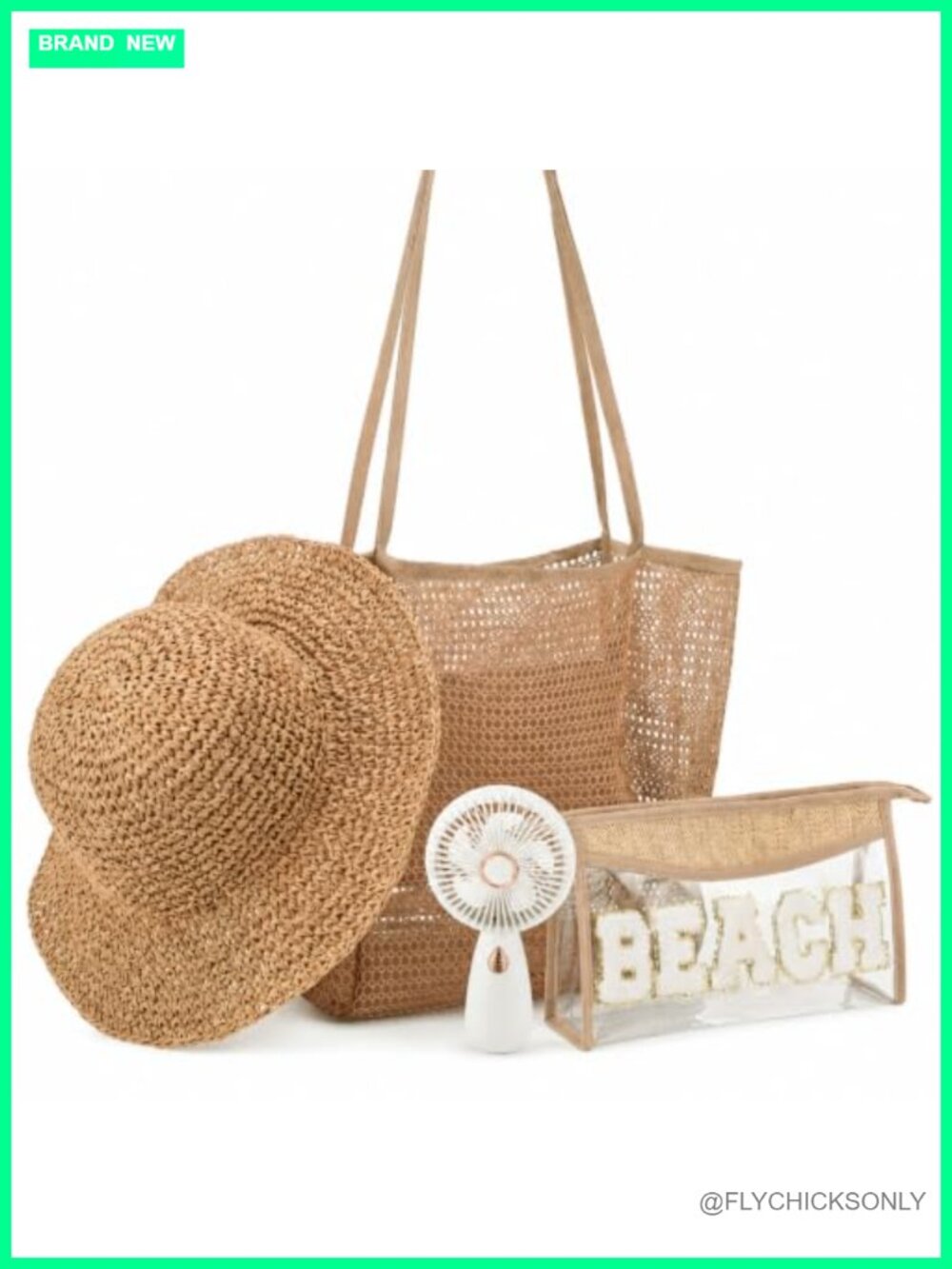 4 Piece Beach Essentials Set with Mesh Tote, Bucket Hat, Cosmetic Bag, Handheld